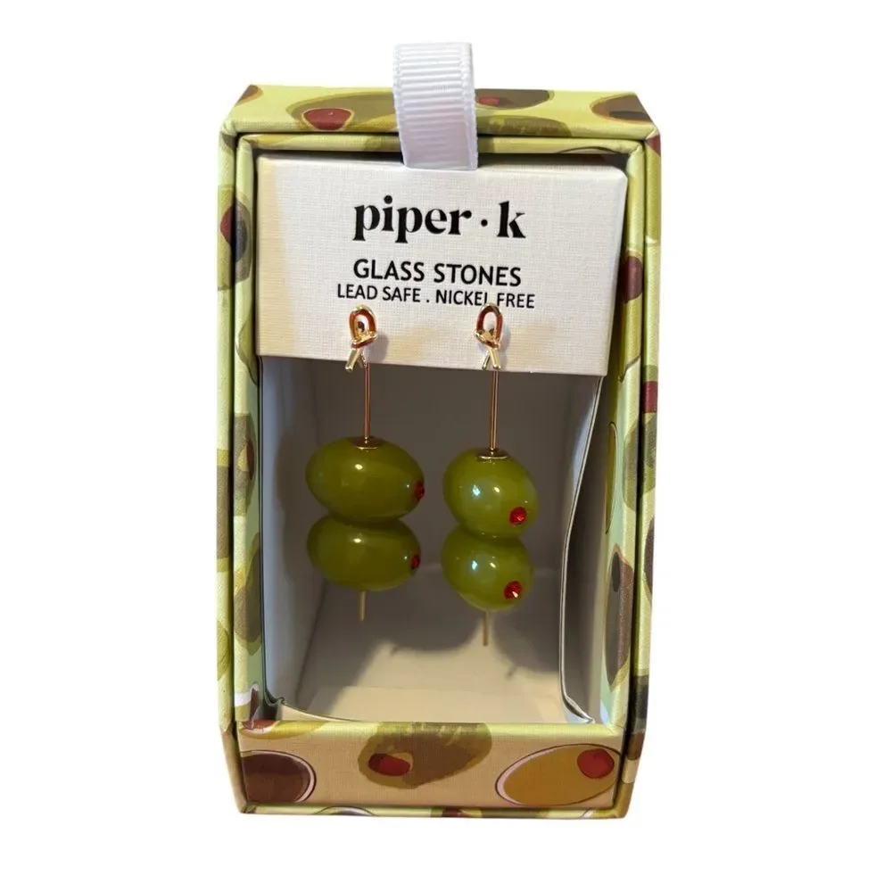 Piper.K Double Drop Green Glass Martini Olive Earrings.